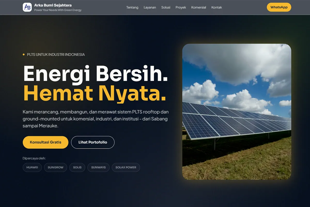 Cuplikan visual proyek Sangaku Interactive: Arka Bumi Sejahtera — Website Perusahaan PLTS