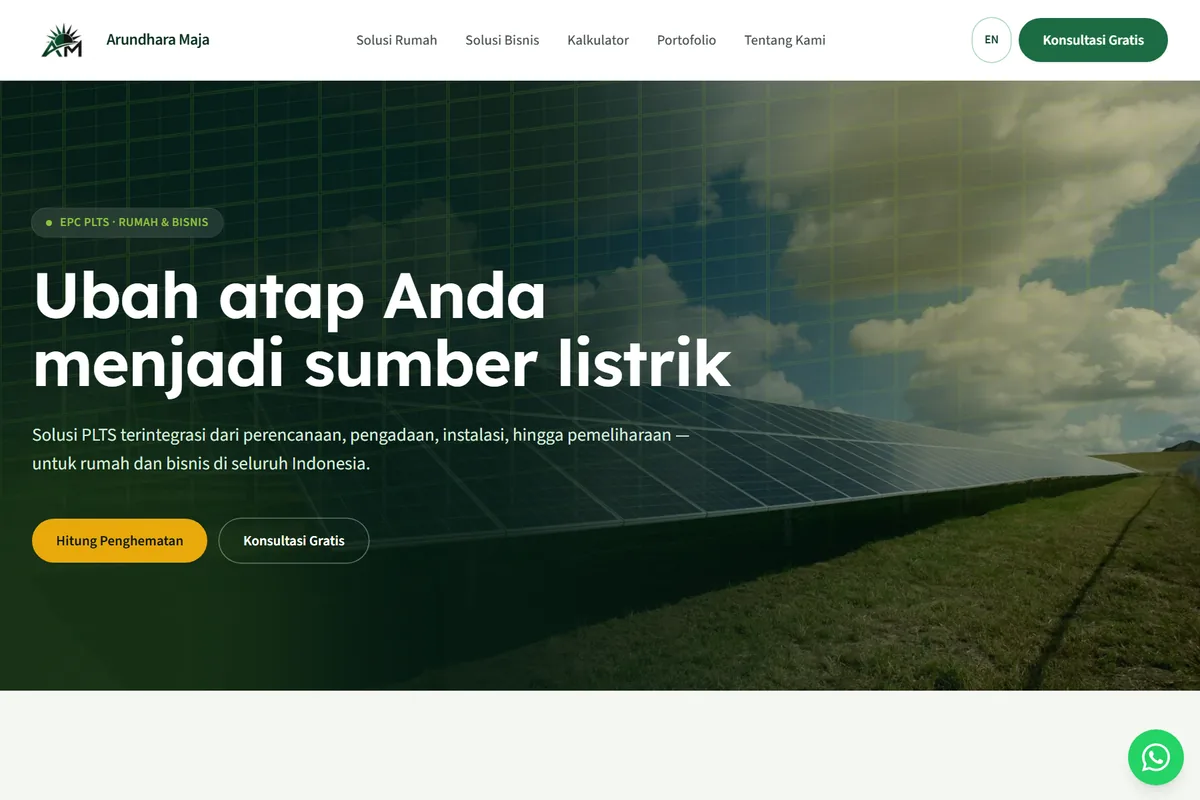 Cuplikan visual proyek Sangaku Interactive: Arundhara Maja — Website Perusahaan PLTS